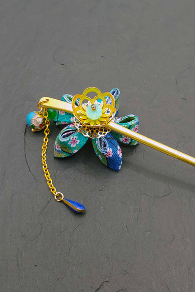 Pic à cheveux KANZASHI Ume turquoise - Fleurs d'Ascenseurs