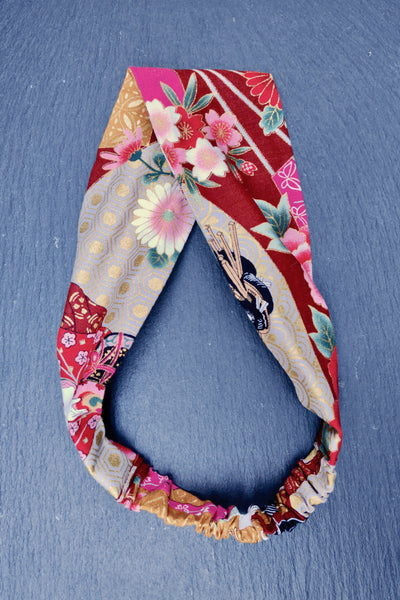 Bandeau cheveux femme en tissu japonais geisha bordeaux à plat
