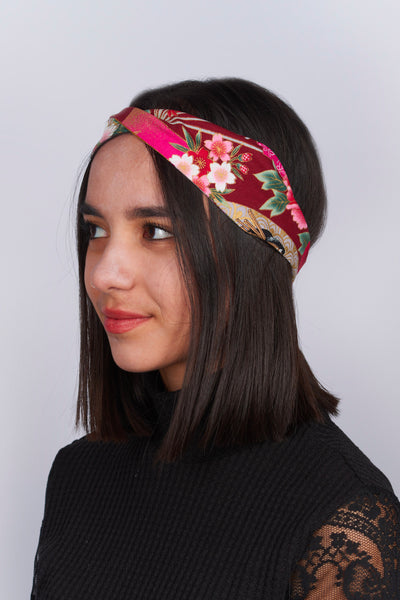 Bandeau cheveux femme en tissu japonais geisha bordeaux porté profil