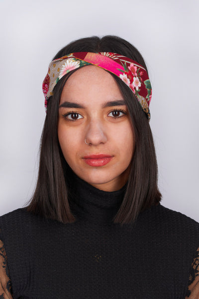 Bandeau cheveux femme en tissu japonais geisha bordeaux porté face