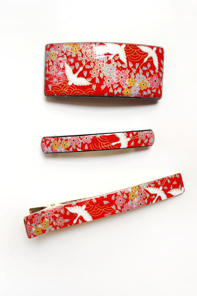 Collection de barrettes en papier japonais laqué Grue rouge - Fleurs d'Ascenseurs