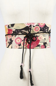 Ceinture OBI fleurs et grues noire - Fleurs d'Ascenseurs