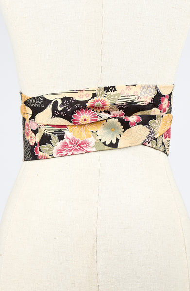 Ceinture OBI fleurs et grues noire - Fleurs d'Ascenseurs