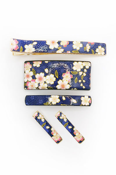 Grande barrette en papier japonais laqué Cerisier bleu - Fleurs d'Ascenseurs