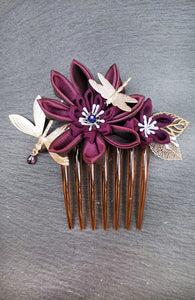 Grand peigne kanzashi Opium Pourpre - Fleurs d'Ascenseurs