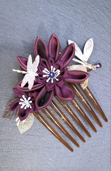 Grand peigne kanzashi Opium Pourpre - Fleurs d'Ascenseurs