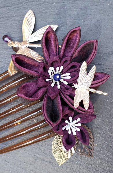 Grand peigne kanzashi Opium Pourpre - Fleurs d'Ascenseurs