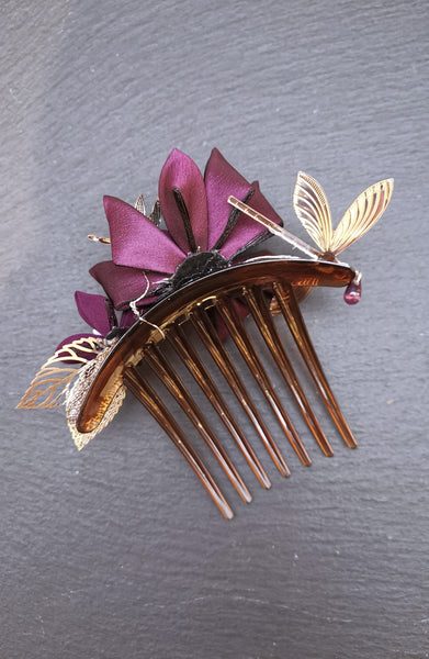 Grand peigne kanzashi Opium Pourpre - Fleurs d'Ascenseurs