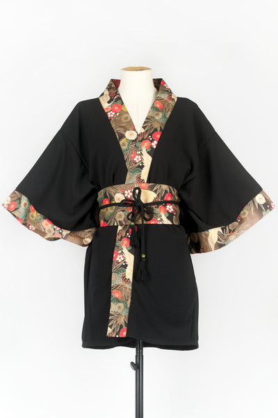 Kimono HIME Grues dans les pins noir - Fleurs d'Ascenseurs
