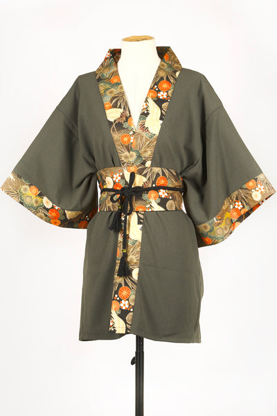 Kimono HIME Grues dans les pins kaki - Fleurs D'Ascenseurs