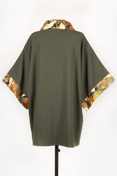 Kimono HIME Grues dans les pins kaki - Fleurs D'Ascenseurs