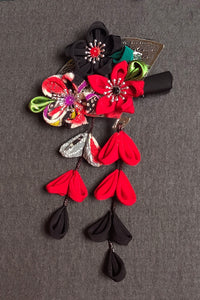 Barrette HANA Chirimen noir et rouge - Fleurs d'Ascenseurs