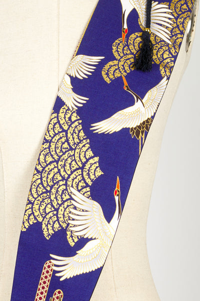 Ceinture Obi en tissu japonais Grues Kanage bleu