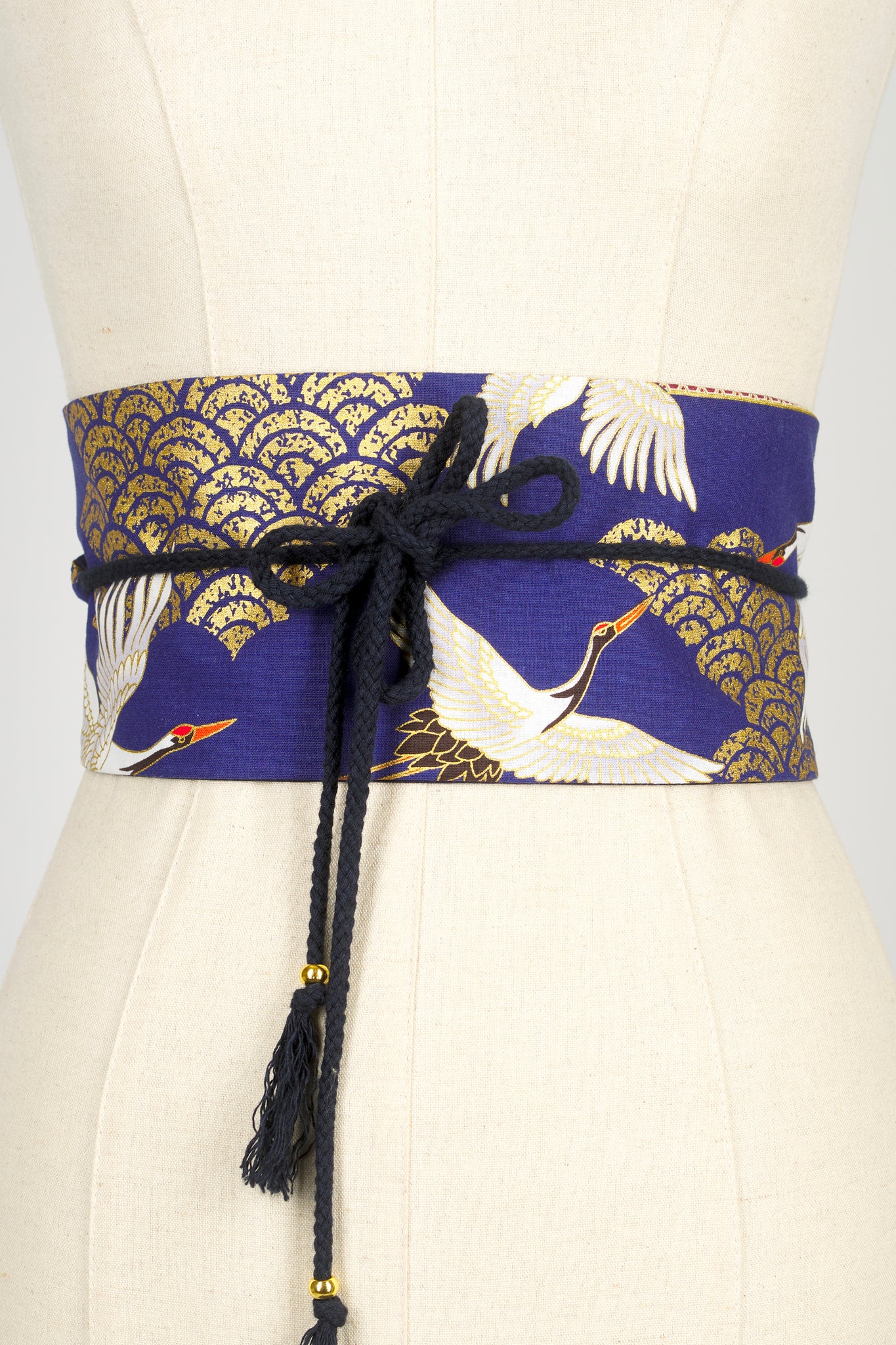 Ceinture Obi en tissu japonais Grues Kanage bleu