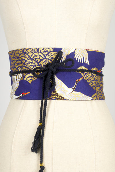 Ceinture Obi en tissu japonais Grues Kanage bleu