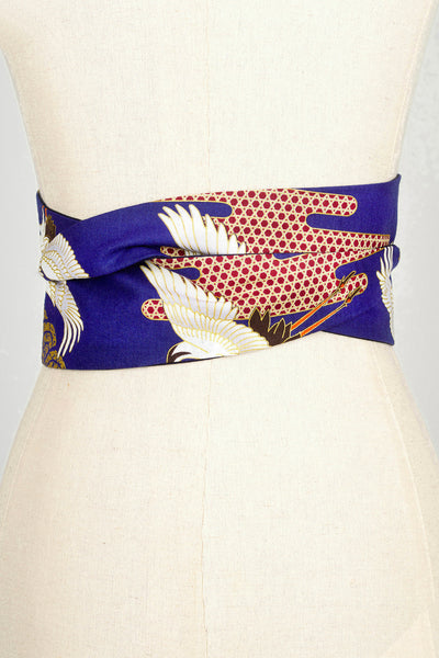 Ceinture Obi en tissu japonais Grues Kanage bleu