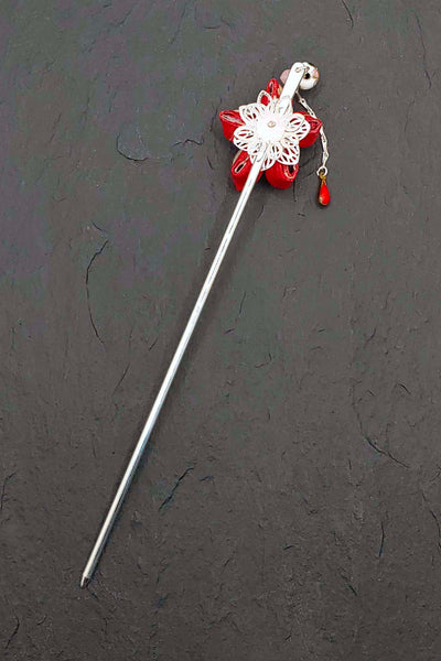 Pic à cheveux KANZASHI Sakura rouge - Fleurs d'Ascenseurs