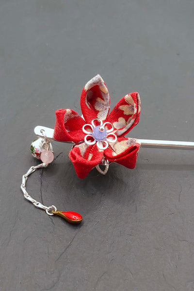 Pic à cheveux KANZASHI Sakura rouge - Fleurs d'Ascenseurs
