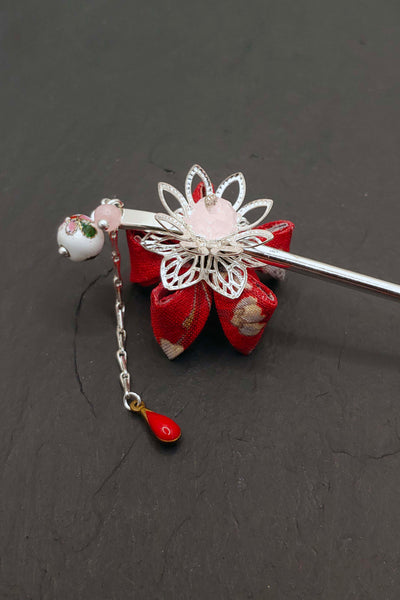 Pic à cheveux KANZASHI Sakura rouge - Fleurs d'Ascenseurs