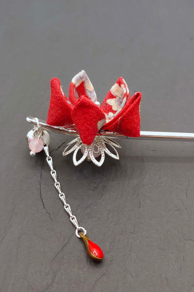 Pic à cheveux KANZASHI Sakura rouge - Fleurs d'Ascenseurs