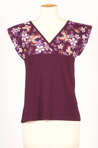 T-shirt NAOKO Papillons et sakura violet - Fleurs d'Ascenseurs