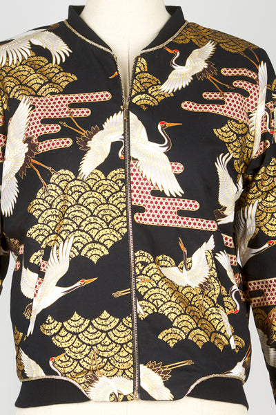 Veste bombers tissu japonais SHURI Kanage noir devant zoom - Fleurs d'Ascenseurs