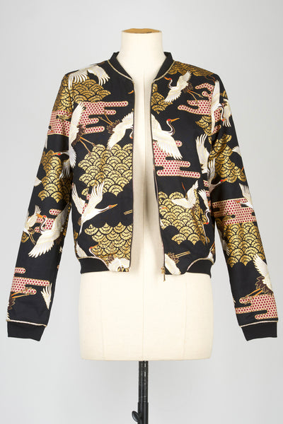 Veste bombers tissu japonais SHURI Kanage noir devant ouvert - Fleurs d'Ascenseurs