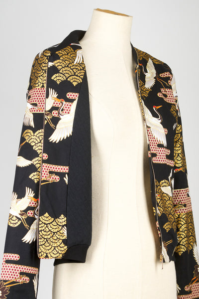 Veste bombers tissu japonais SHURI Kanage noir devant zoom doublure - Fleurs d'Ascenseurs